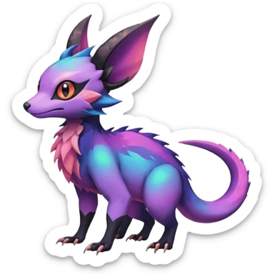 Rare epic aesthetic colorful Noivern-Salandit-Noibat-Eevee-Civet-species-Fakemon-hybrid-creature, with markings, full body sticker