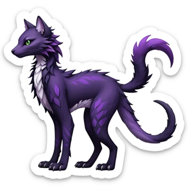 Kawaii dark black purplish blackish edgy fantasy ethereal feline-vernid-sergal-fursona animal creature with a tufted tail full body with intricate markings  sticker