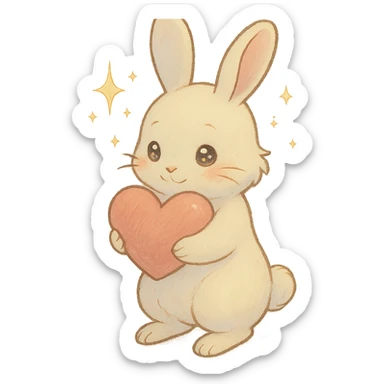 full-body milky white bunny with sparkling eyes, holding a big heart, sparkles floating around, dreamy pose, soft pastel colors, ghibli style sticker