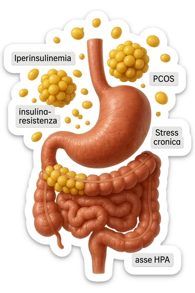 STOMACO E INTESTINO SONO VERTICALMENTE COLLEGATI E INTORNO A QUESTI ORGANI CI SONO CELLULE DI GRASSO GIALLE ATTACCATE SOPRA A GRAPPOLI, intorno fluttuano cellule di grasso giallo e alcune targhette con queste parole "Iperinsulinemia", "insulino-resistenza", "PCOS", "Stress cronico", "asse HPA", IPERREALISTICO 4K sticker