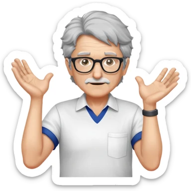 older professor with salt-and-pepper hair and glasses wearing shirts, no mustache, with hands positioned as if grabbing an invisible rugby ball sticker