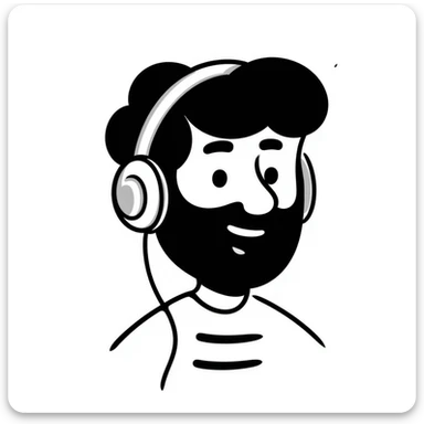 A person with black hair, brown eyes, black beard wearing gaming headphones, saying "Bonjour!" sticker