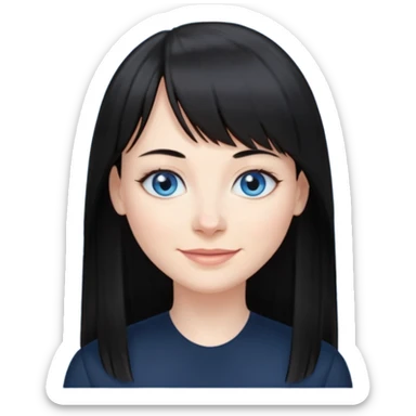 40 yr old woman long straight black hair, pale skin, blue eyes, black clothes, small smile, bangs sticker