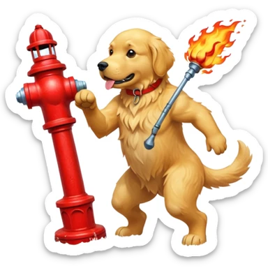 A rock creature gets into a fight with a fish that has grown human legs and arms while they are fighting. A dog stands with a fire hydrant. sticker