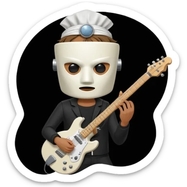 A quirky emoji-style character of a guitarist wearing a white bucket on his head, with two eye holes, a blank expression, and a small theatrical mask on the bucket. He’s holding an electric guitar, dressed in a simple black outfit, giving off a mysterious but playful rock legend vibe. sticker