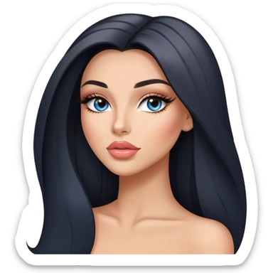 Glamours, tanned, very beautiful girl, with big pump peach-beige-rose lips, long long lashes, black straight smooth silky long hair, straight parting hair, blue-grey eyes sticker