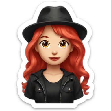 A girl with red hair and wearing a black hat with Hello Kitty drawn on it  sticker