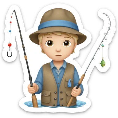 Little boy on the dock fishing, felt texture, scrapbooking, precious moments style character sticker