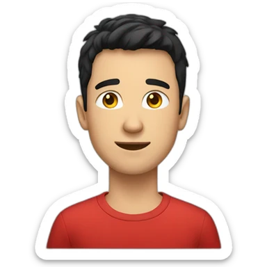 young white man with black hair wearing red tshirt sticker