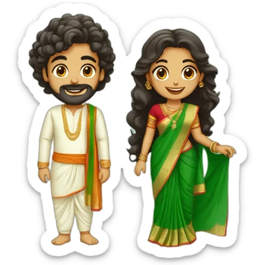 south indian girl with curly hair wearing green saree marrying south indian guy with straight hair and beard wearing dhoti sticker