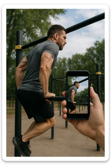 uomo che fa Muscle up e si sta filmando di lato con il telefonino che lo riprende mentre si allena, così da analizzarsi dopo sticker