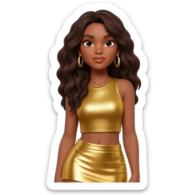 Solange with long dark brown hair, gold metallic crop top, gold metallic skirt, gold earrings sticker