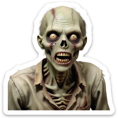 Cinematic Realistic WoW undead friendly zombie Portrait, head tilted dramatically with an exaggeratedly amused expression, blending grim determination with a touch of sardonic humor. His withered pallid skin and weathered, muted attire are rendered with lifelike detail and dynamic lighting, high shine, dramatic yet whimsical, capturing an undead friendly zombie whose epic defiance is matched by an irreverent smirk. sticker