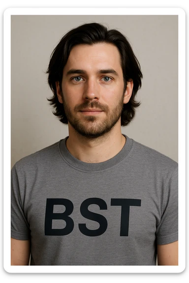 male avatar, 30 years old, Caucasian with white skin, dark slightly long hair, blue eyes, shown from chest up, wearing a shirt with 'BST' written on it sticker
