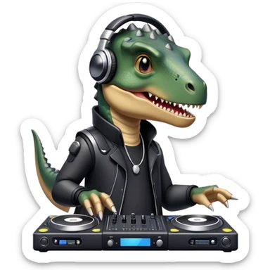 Dinosaurio muy tierno músico DJ con ropa negra futurista  sticker