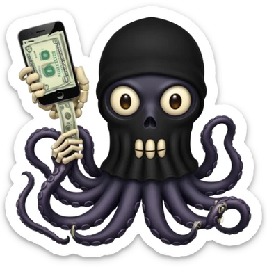 satanic octopus skeleton with scary evil eyes, wearing a black balaclava. 1 tentacle is holding a cellphone, 1 tentacle is holding a bone, 1 tentacle is holding a stack of cash. sticker