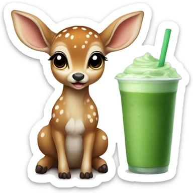 baby deer drinking iced matcha latte  sticker