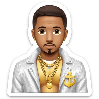 Marques Houston with dark brown hair, white sequin jacket, shirtless with necklace sticker
