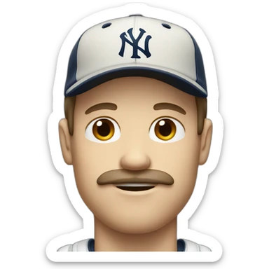 white man with longish brown hair and ny baseball cap and mustache sticker
