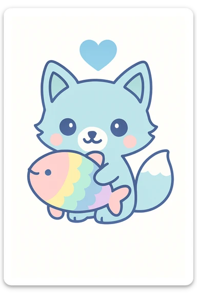 Change the heart above the blue fox and rainbow fish to a blue heart, keeping the kawaii cartoon style. sticker