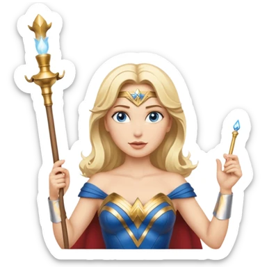 Blonde blue eyed Wonder Woman holding white orchestra conductor’s baton and bell sticker