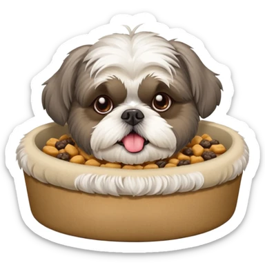 old grey shih tzu in dog bed with bowl of food tongue hanging out sticker