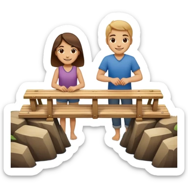 Two people working together on a small bridge, metaphor for building trust sticker
