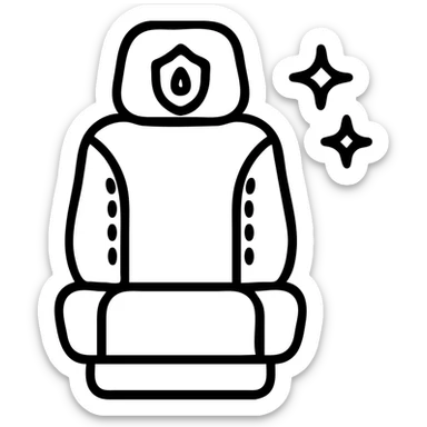 outlined icon of a luxury matte black car seat with a droplet or shield on the headrest, clean lines, elegant stitching, extra shine and sparkling effects, modern and simple sticker