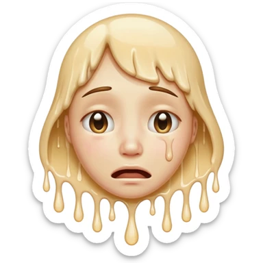 softly smiling crying face that appears to be melting downward, large glossy drip like emoji, combined with the smooth dissolving lower half similar to the melting face. ‘I’m okay :) but absolutely not okay’ sticker