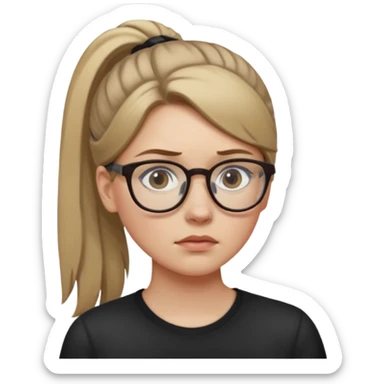 White girl with dark blonde hair in a ponytail and glasses sad sticker