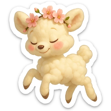 feminine vanilla cloud doe with rosy cheeks and cherry flowers on its head, floating gracefully, Pixar art style sticker