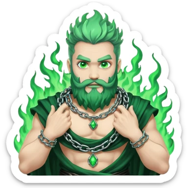 hades greek god with green flames and beard with chains on his arms and neck. Dynamic pose sticker