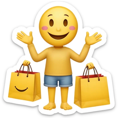 HAPPY SMILEY FACE WITH HANDS AND FEET EMOJI WITH SHOPPING BAGS IN EACH HAND sticker