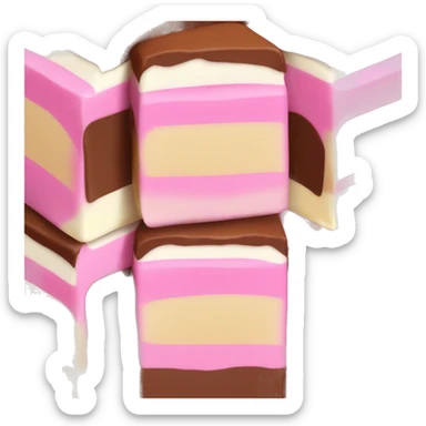 three layered vanilla fudge with white brown and pink  sticker