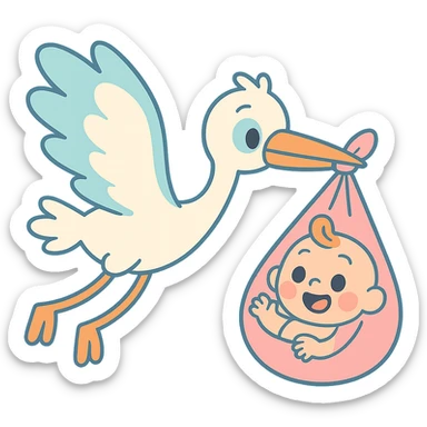 stork flying with a human baby in a bundle, pastel toon style sticker
