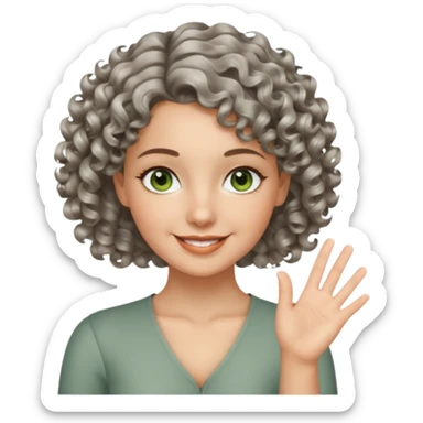silver, short, wavy-haired with curls, smiling pretty lady, 2 fingers crossed on one hand, green/brown eyes sticker