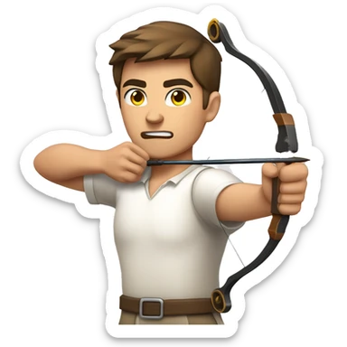 a male archer aiming with a bow facing  his target, eyes closed, wearing a white shirt, very short brown hair, bright skin, only show upper part of the body from waist up sticker