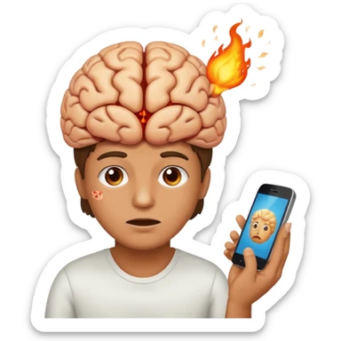 person fixated on a mobile phone with brain visibly overheating or burning sticker