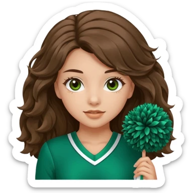 A pretty girl, her eyes is blue, her hair is brown long wavy hair, and wear green Hawkins cheerleader uniform and hold pompom sticker