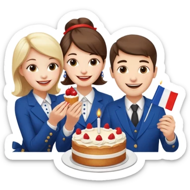 a french style elegant girl being recorded by 2 elegant guys with a french flag  and the girl eating a cake sticker