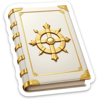 A white leather book with golden accents, smooth and polished, embossed with a symbol of six pillars columns,, radiating strength, confidence, and the power of self-worth.  sticker