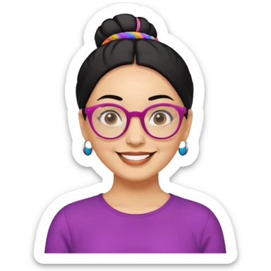 light skin middle aged with low bun in black hair with colorful glasses sticker