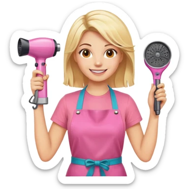 smiling blonde woman hairstylist, pink t-shirt, orange apron, hands raised, holding scissors and hairdryer sticker