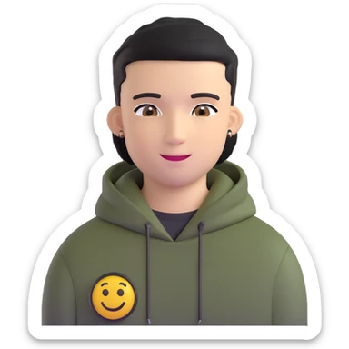 man with black military haircut, brown eyes, wearing 2 circle earrings and a black hoodie with a smiley face sticker