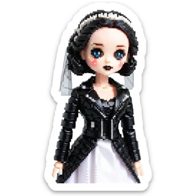 Chucky's bride doll wearing a black dress and black leather jacket, with dark makeup sticker