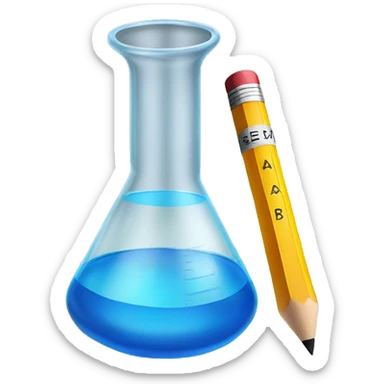 Pencil on paper taking a test with a beaker with a blue chemical on the side sticker