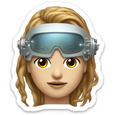 female cyborg head, fair skin, Brown long hair with blonde steaks, space age goggles and circuits sticker