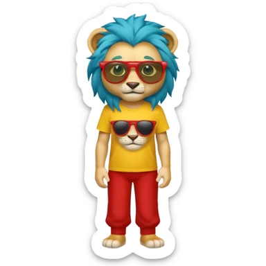 Güneş gözlüklü pantolonlu sarı kırmızı tişörtlü yeşil gözlü mavi saçlı aslan sticker