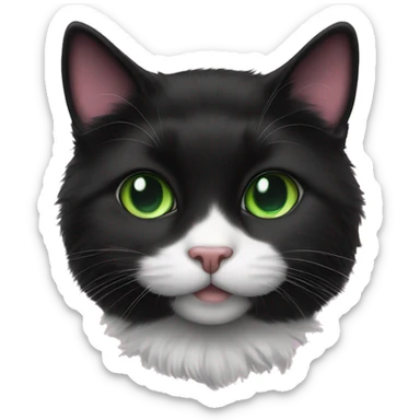 fluffy black tuxedo cat with green eyes and pink nose sticker