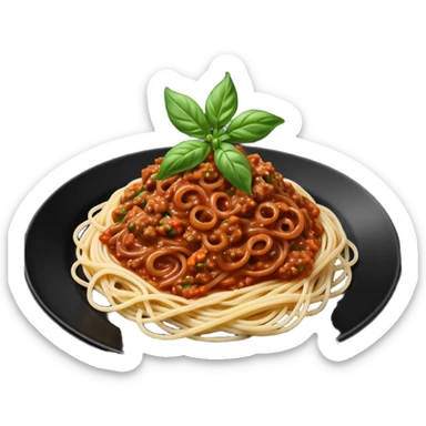 Spaghetti Bolognese on a black plate,nice basil on top sticker